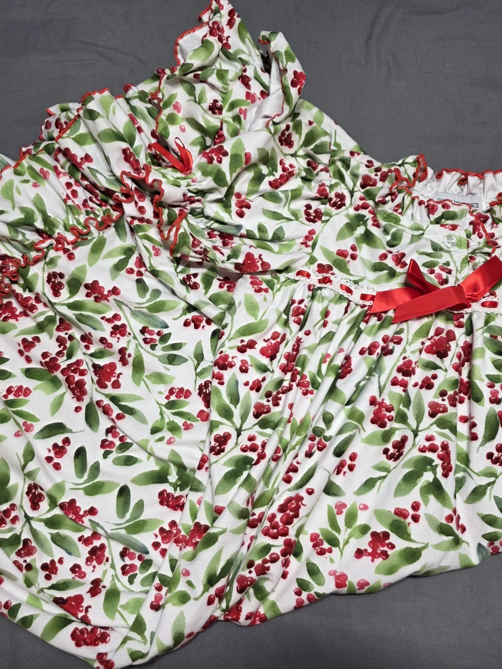 Girls Festive Berry Print Nightgown with Red Bow - White/Green/Red